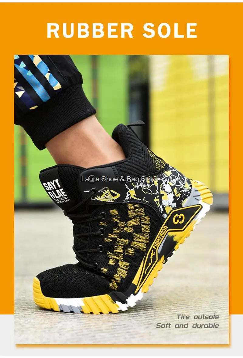 Men's high-top safety shoes with steel toe cap, impact resistant, indestructible and breathable.