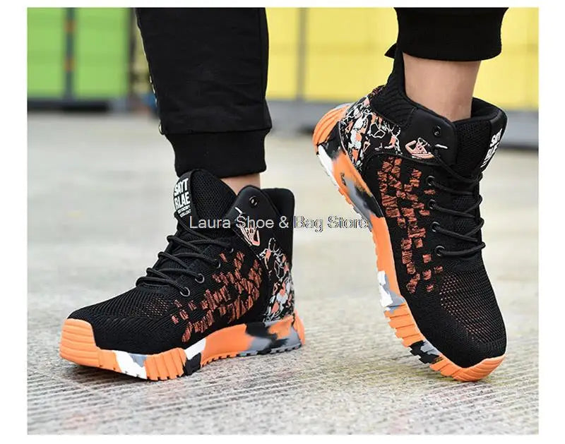 Men's high-top safety shoes with steel toe cap, impact resistant, indestructible and breathable.