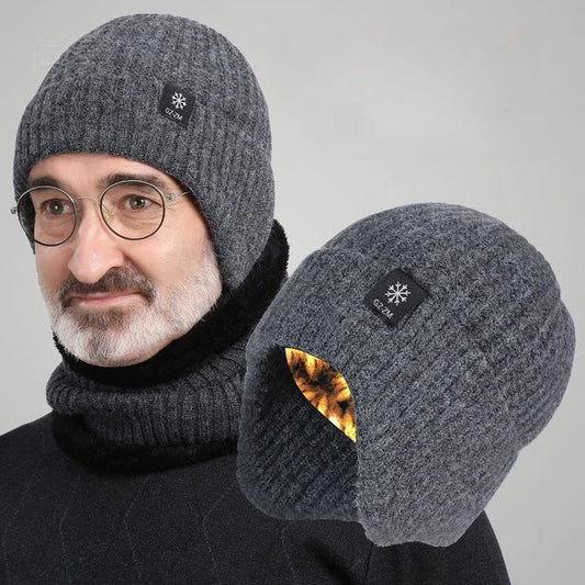 Men's winter knitted hat with a thick brim and faux fur lining, featuring ear flaps and a casual style.