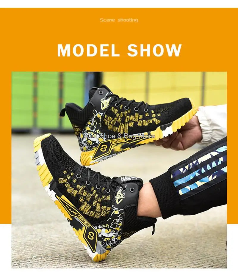 Men's high-top safety shoes with steel toe cap, impact resistant, indestructible and breathable.