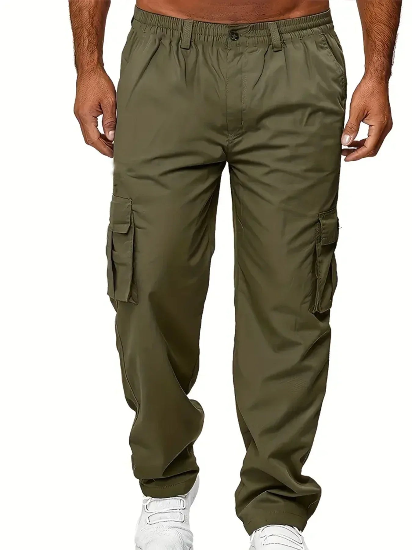 Men's cargo pants, sweatshirt style with multiple pockets.