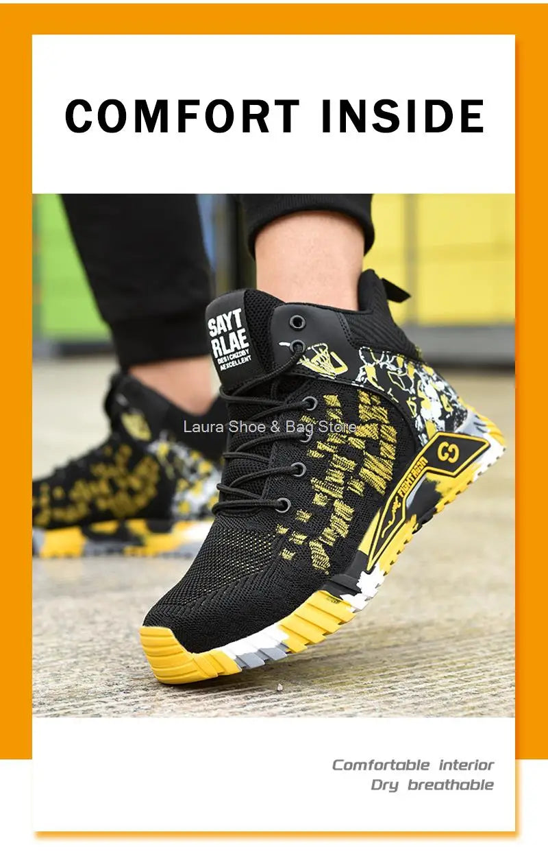 Men's high-top safety shoes with steel toe cap, impact resistant, indestructible and breathable.