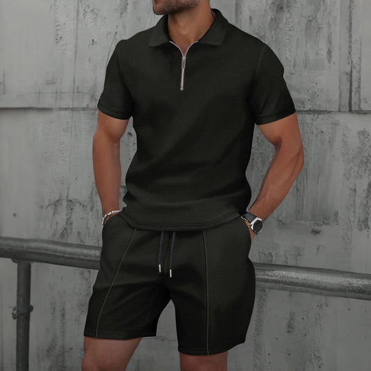 Elevate Your Summer Style with the 2025 Men’s Casual Waffle Zip-Up Lapel Short-Sleeve Suit & Shorts Set