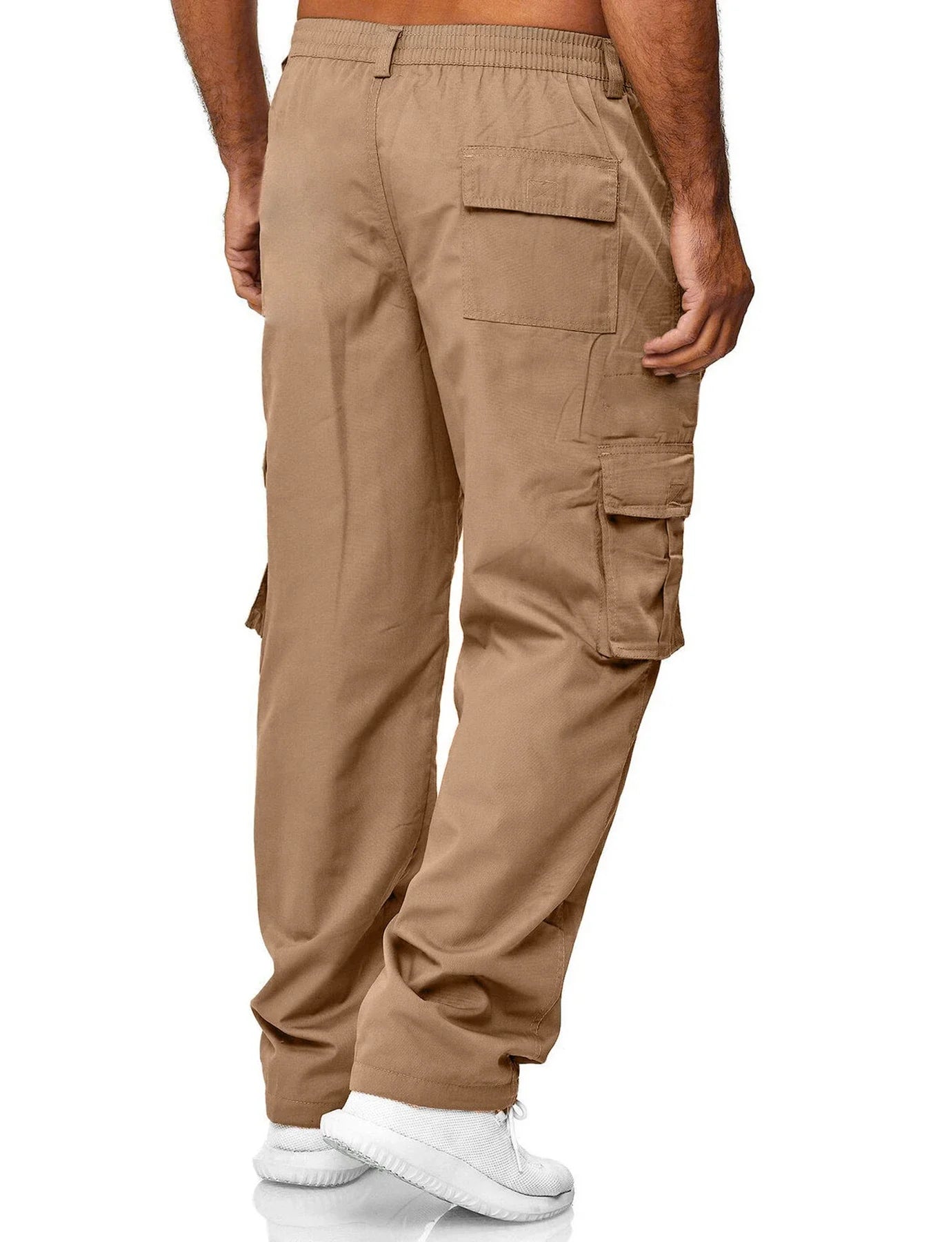 Men's cargo pants, sweatshirt style with multiple pockets.