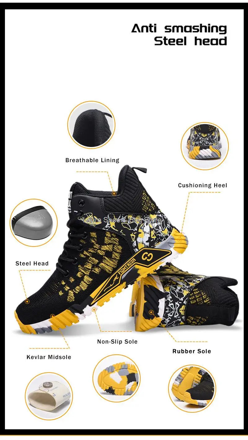 Men's high-top safety shoes with steel toe cap, impact resistant, indestructible and breathable.