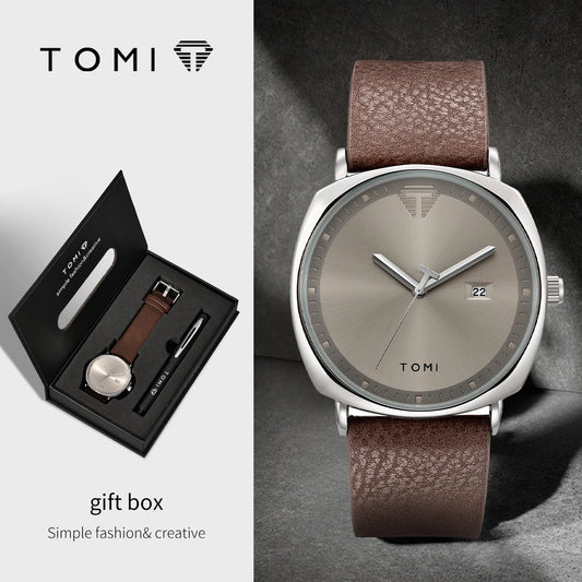 TOMI New Luxury Men's Business Watch Set, Simple and Casual Gift Box, Quartz Watch with Calendar and Pen.