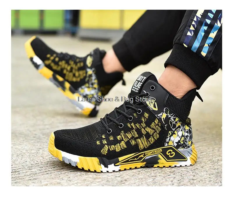 Men's high-top safety shoes with steel toe cap, impact resistant, indestructible and breathable.