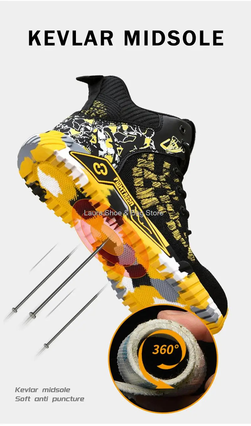 Men's high-top safety shoes with steel toe cap, impact resistant, indestructible and breathable.