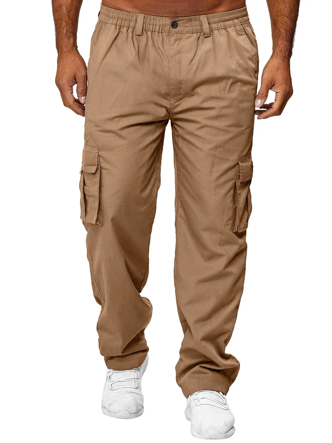 Men's cargo pants, sweatshirt style with multiple pockets.