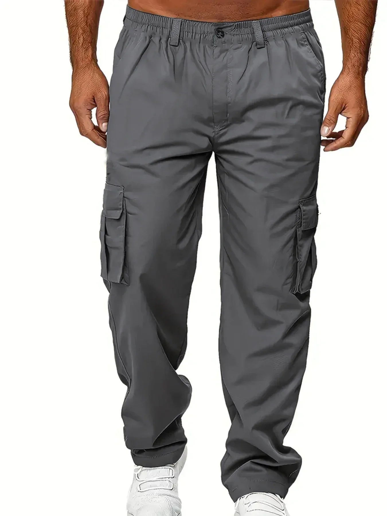 Men's cargo pants, sweatshirt style with multiple pockets.