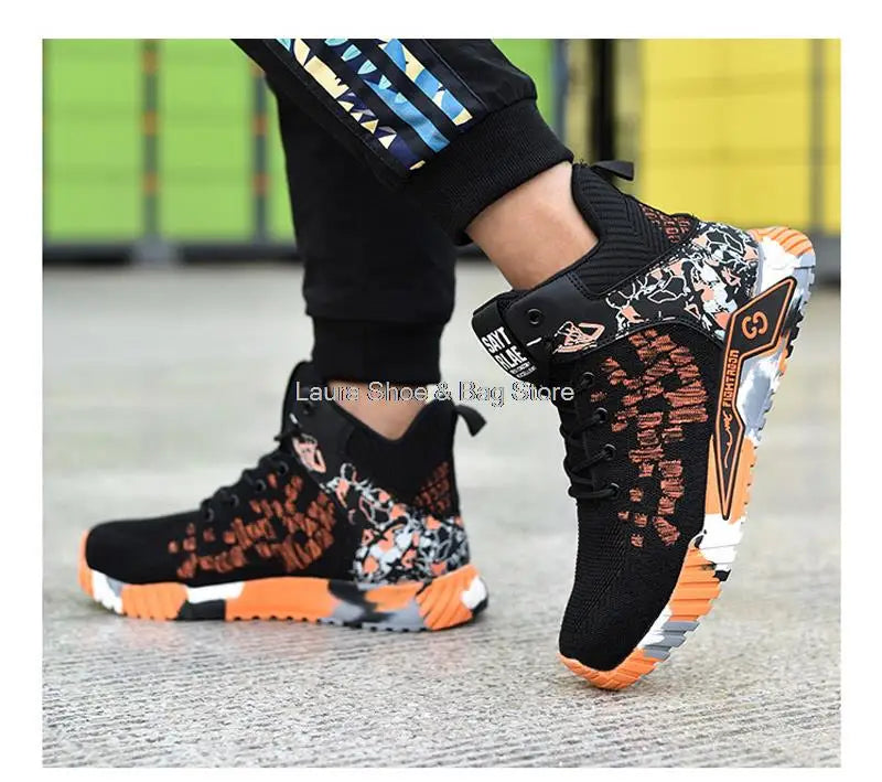 Men's high-top safety shoes with steel toe cap, impact resistant, indestructible and breathable.