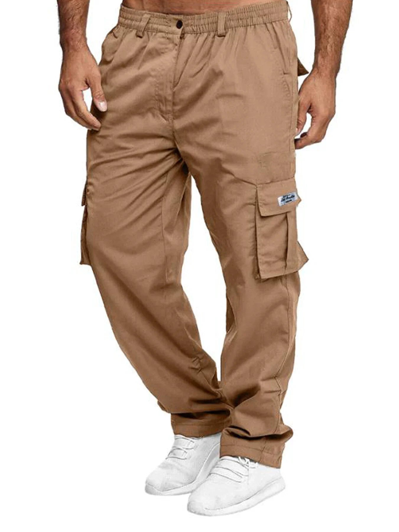 Men's cargo pants, sweatshirt style with multiple pockets.