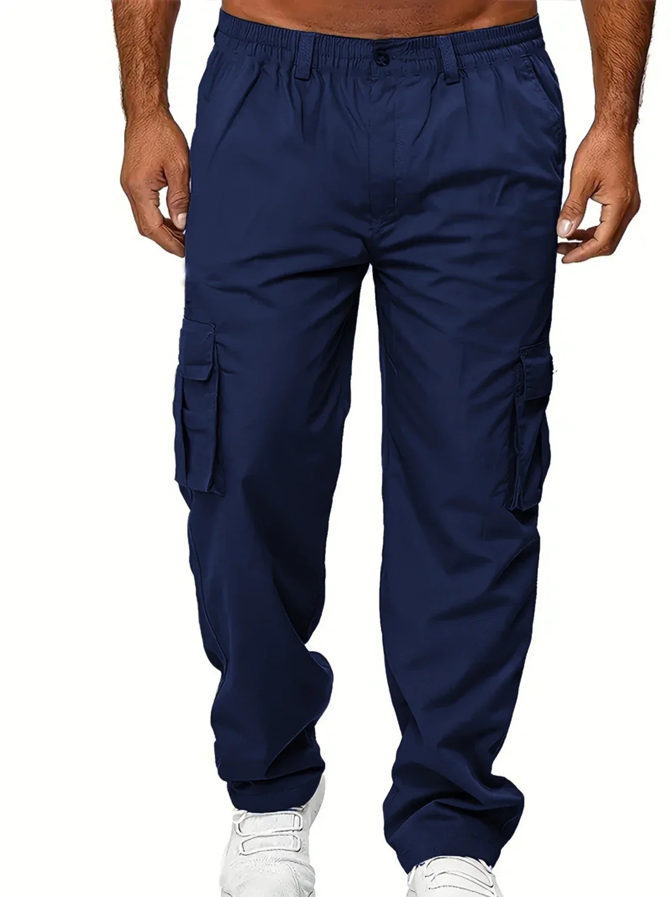 Men's cargo pants, sweatshirt style with multiple pockets.