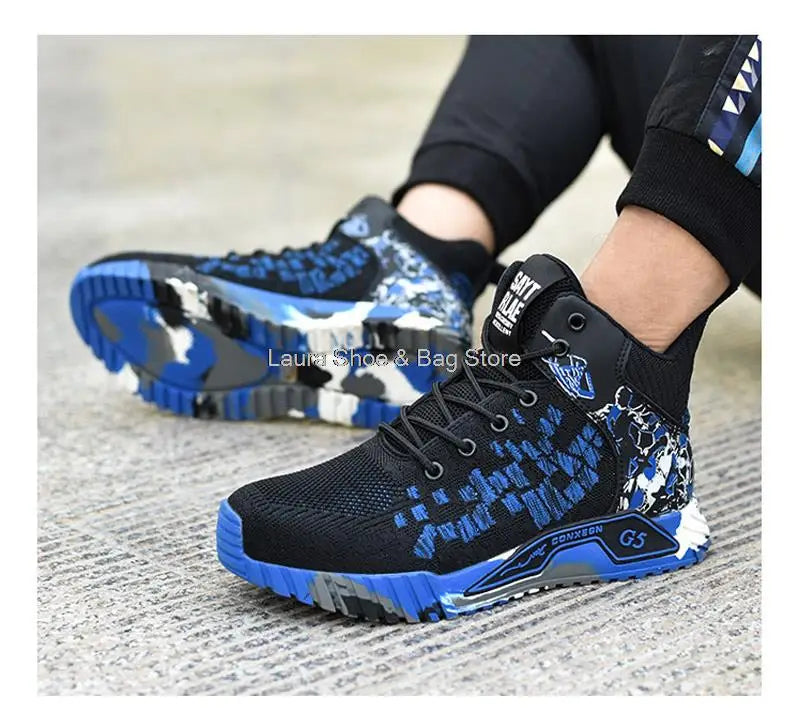 Men's high-top safety shoes with steel toe cap, impact resistant, indestructible and breathable.