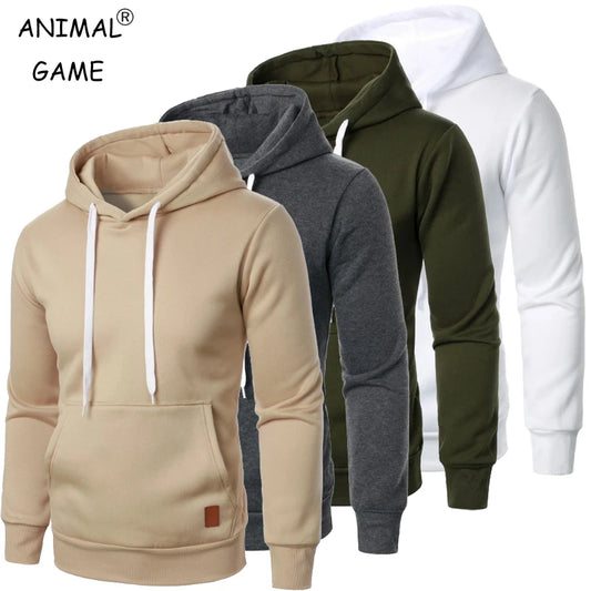Men's casual hoodie with adjustable collar and drawstring, long sleeves, streetwear style for outdoor activities.