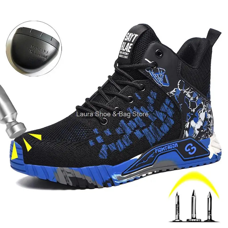 Men's high-top safety shoes with steel toe cap, impact resistant, indestructible and breathable.