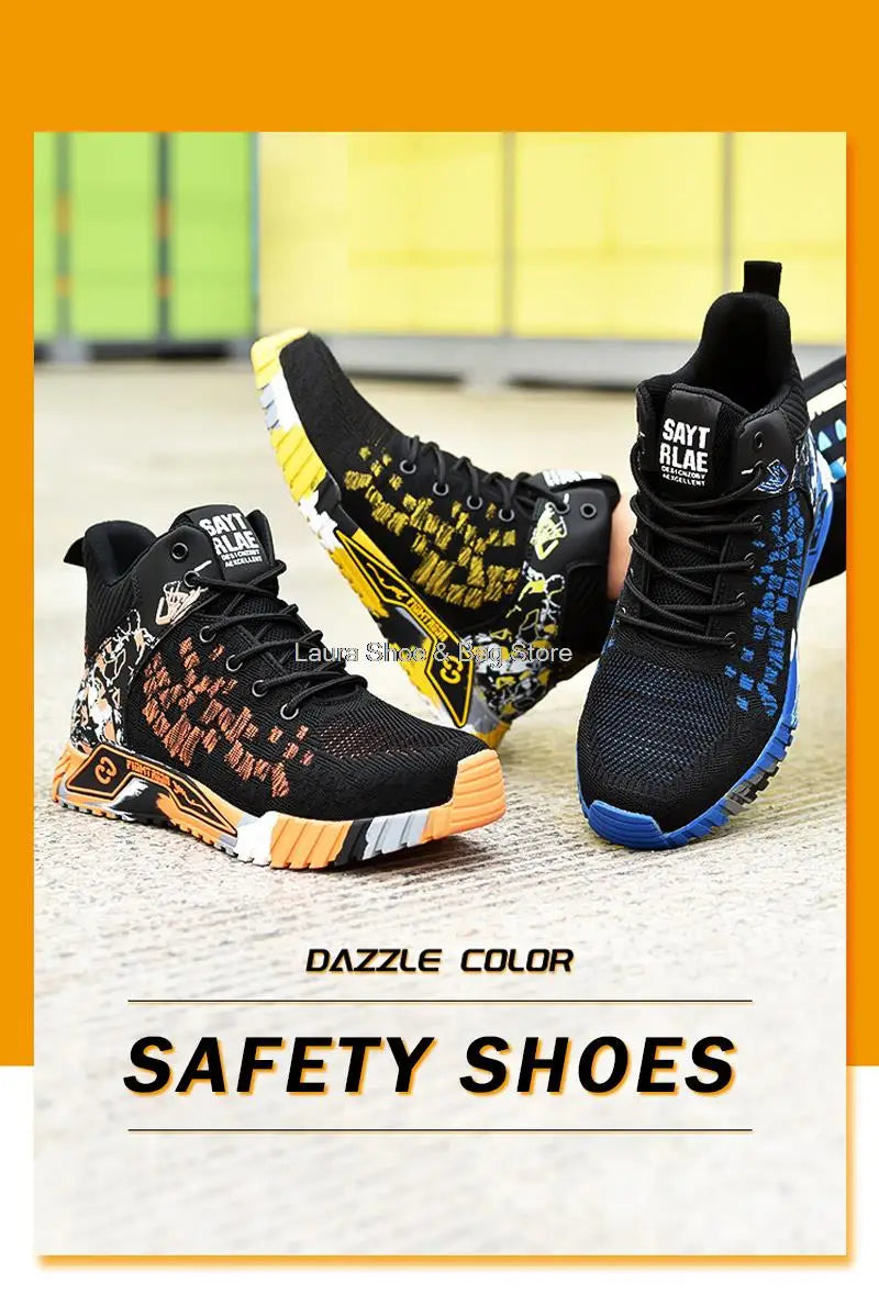 Men's high-top safety shoes with steel toe cap, impact resistant, indestructible and breathable.