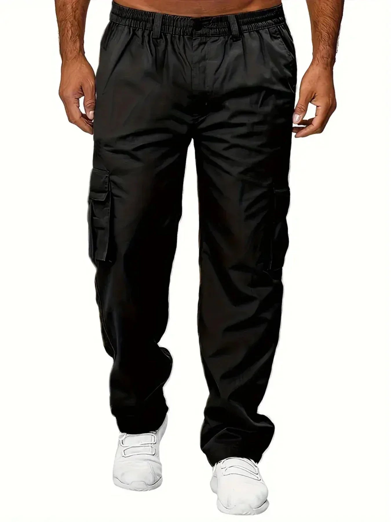 Men's cargo pants, sweatshirt style with multiple pockets.