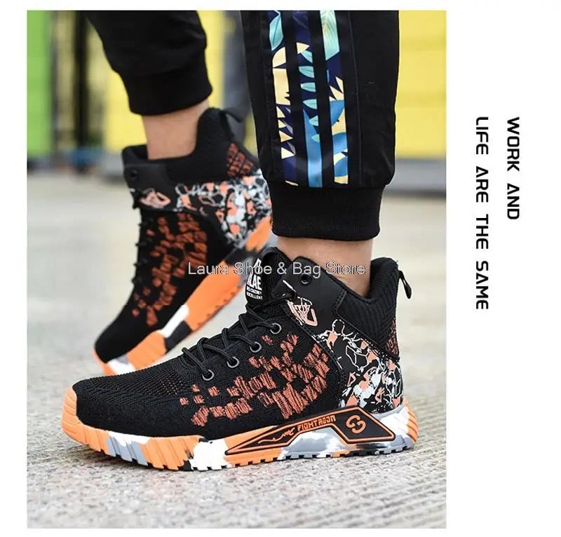 Men's high-top safety shoes with steel toe cap, impact resistant, indestructible and breathable.