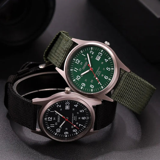 Luxury men's wristwatch with luminous hands, sporty military style, calendar, and quartz movement.