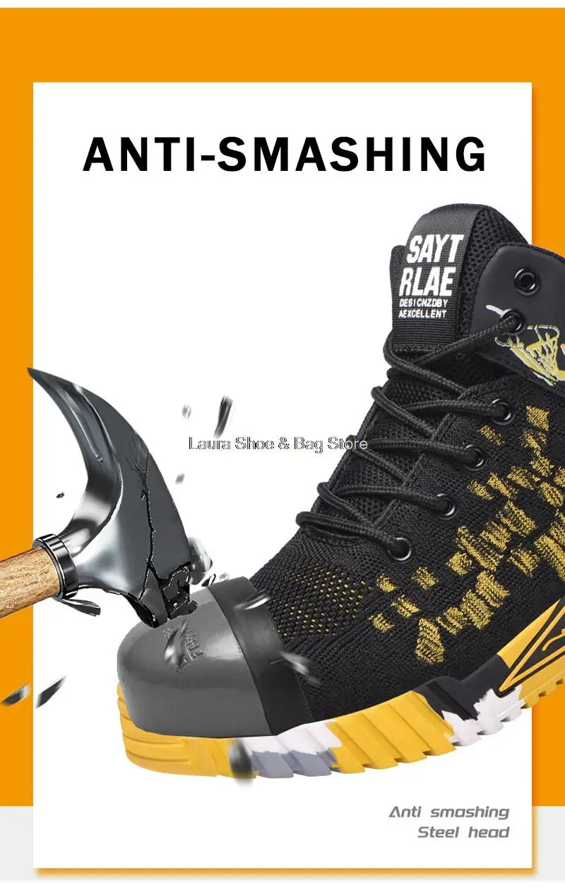 Men's high-top safety shoes with steel toe cap, impact resistant, indestructible and breathable.