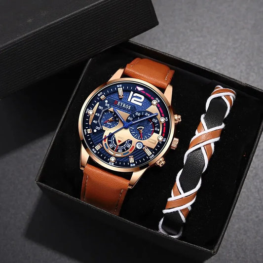 Luxury Men's Watch Set with Calendar, Casual and Elegant Style, in Brown Leather, with Quartz Movement and Leather Strap.